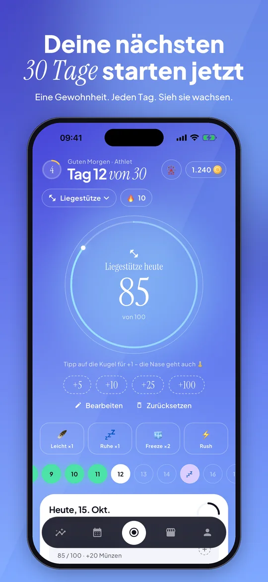 App-Store-Vorschau: 30 Days Startseite: Liegestütz-Zähler bei 85 von 100 an Tag 12 von 30