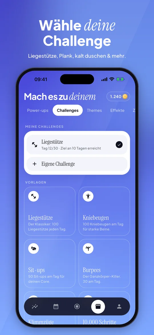 App-Store-Vorschau: 30 Days Vorlagen: Liegestütze, Kniebeugen, Sit-ups und Burpees sowie eigene Challenges