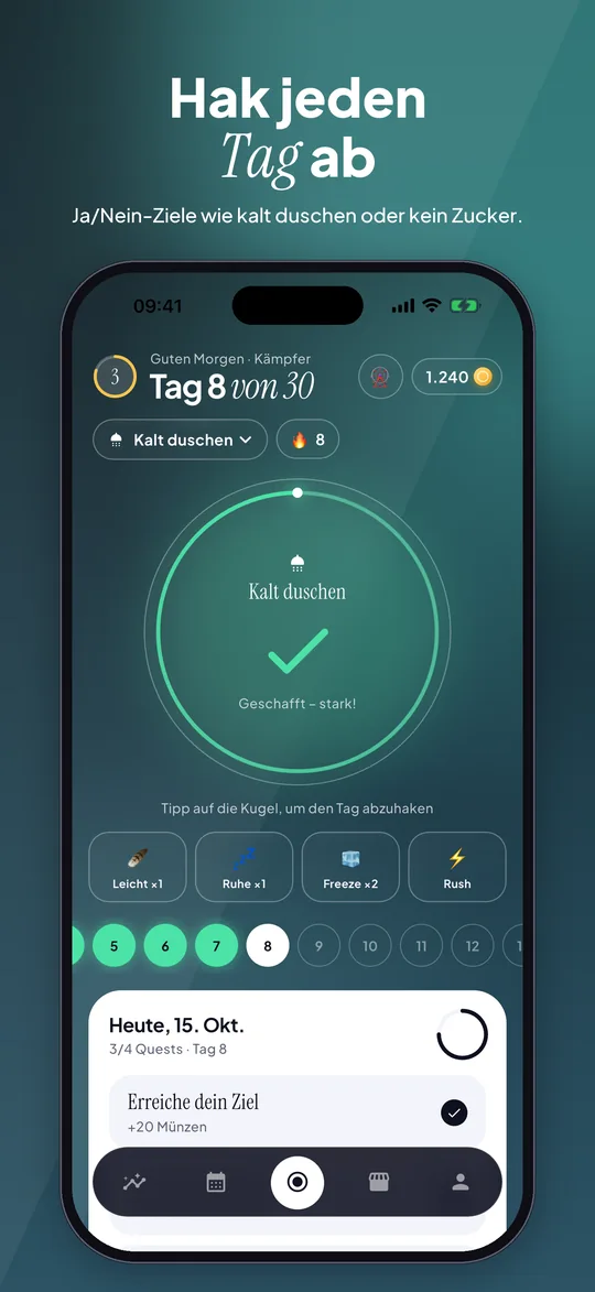 App-Store-Vorschau: 30 Days Kalt-duschen-Challenge: heutiges Ziel an Tag 8 von 30 abgehakt
