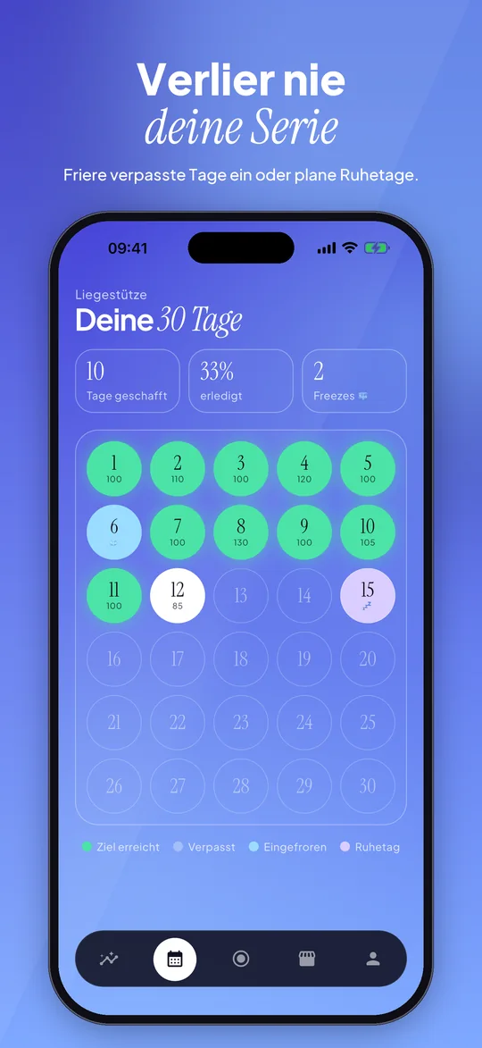 App-Store-Vorschau: 30 Days Kalender: abgeschlossene Tage, eingefrorene Serie und geplante Ruhetage einer 30-Tage-Challenge