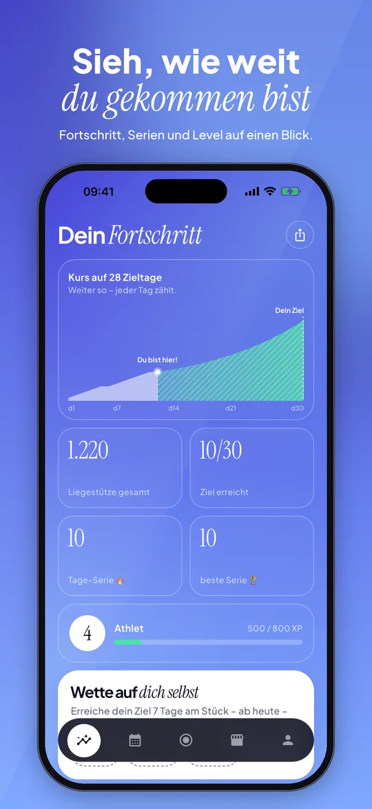 App-Store-Vorschau: 30 Days Fortschritt: Diagramm, 1.220 Liegestütze, Serien und Level 4