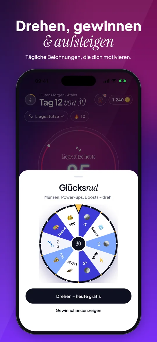 App-Store-Vorschau: 30 Days Glücksrad: tägliches Drehen mit Coins und Power-ups und Link zu den Gewinnchancen