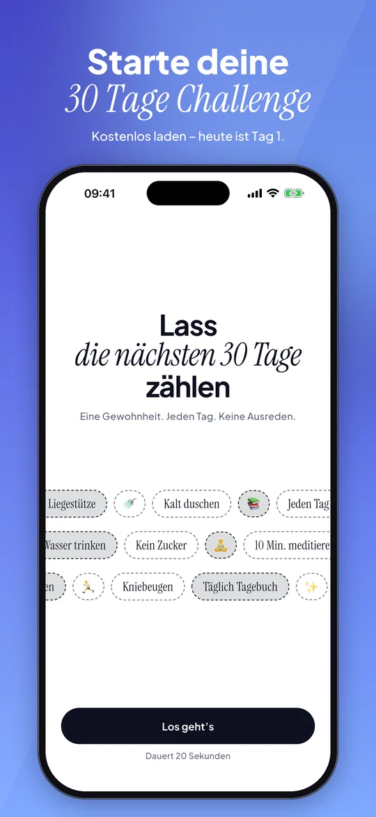 App-Store-Vorschau: 30 Days Startbildschirm: Lass deine nächsten 30 Tage zählen, mit Challenge-Ideen und Loslegen-Button