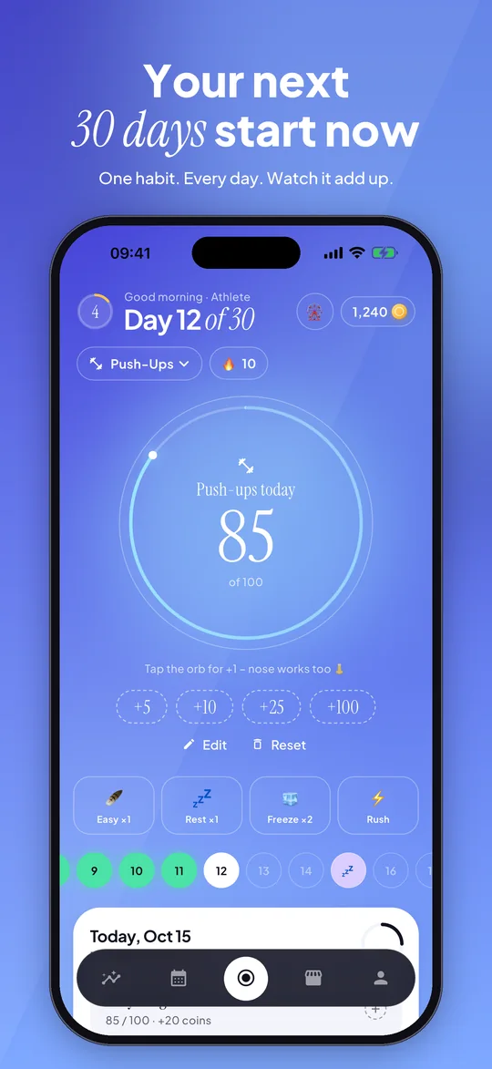 App Store preview: 30 Days home screen: push-up counter at 85 of 100 on day 12 of 30