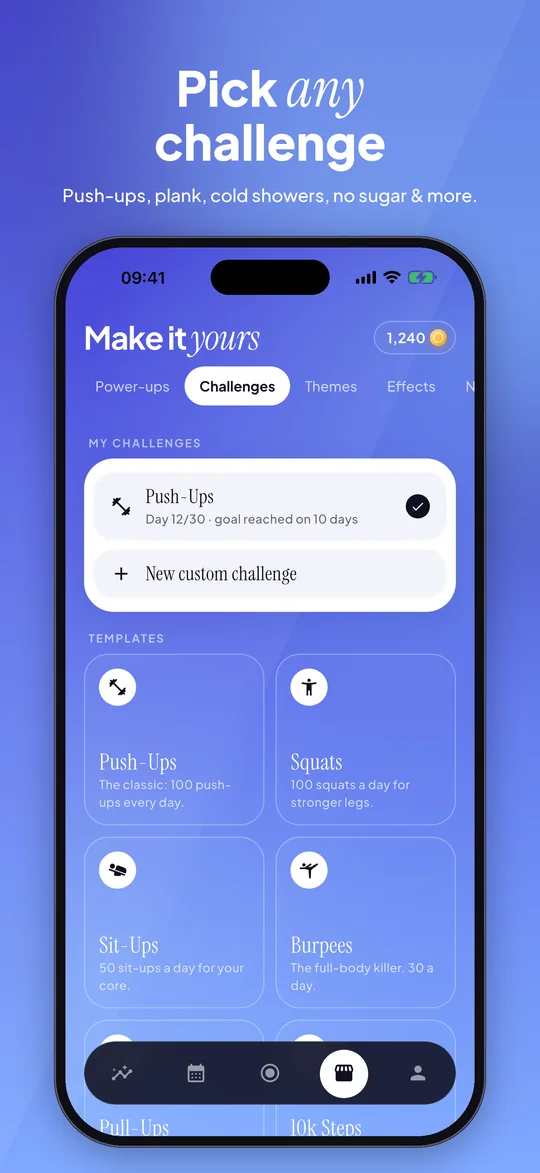 App Store preview: 30 Days template library: push-ups, squats, sit-ups and burpees, plus a custom challenge option