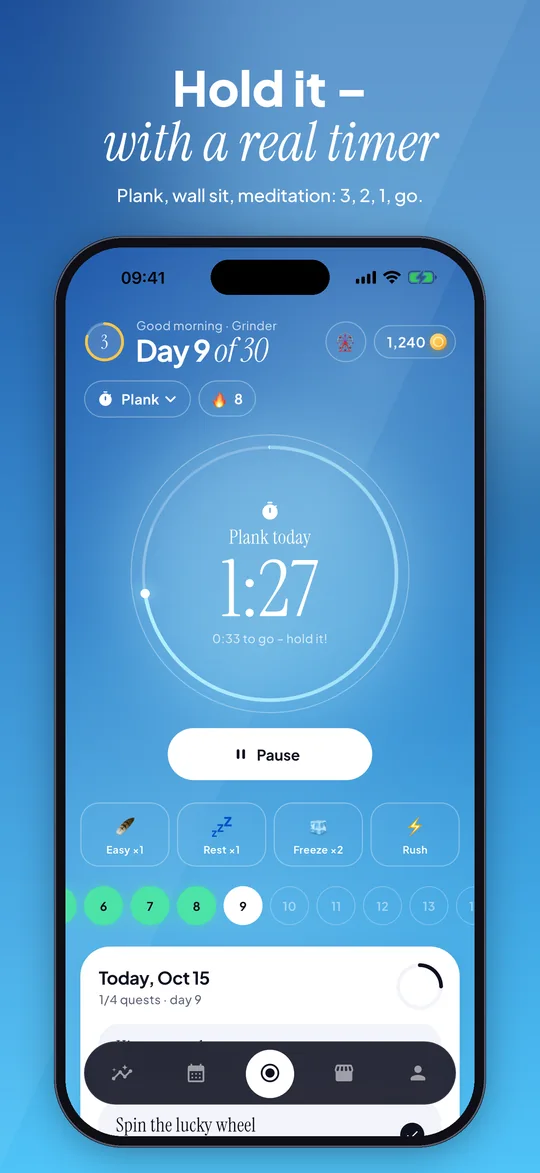 App Store preview: 30 Days plank challenge: countdown timer at 1 minute 27 seconds on day 9 of 30