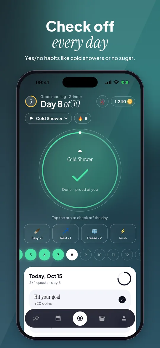 App Store preview: 30 Days cold shower challenge: today's habit checked off on day 8 of 30