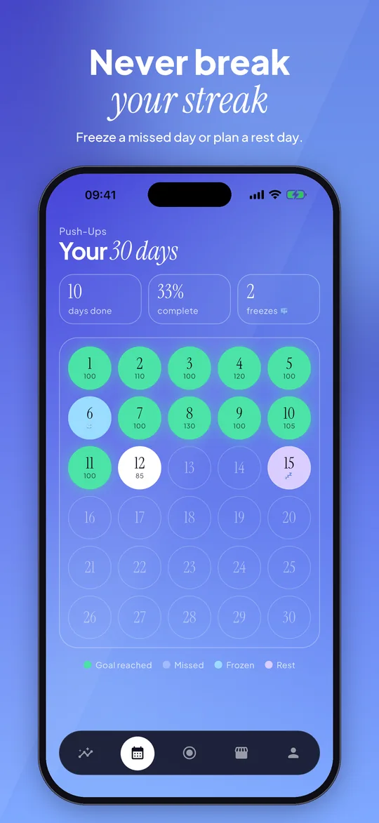 App Store preview: 30 Days calendar: completed days, streak freeze and planned rest days across a 30-day challenge