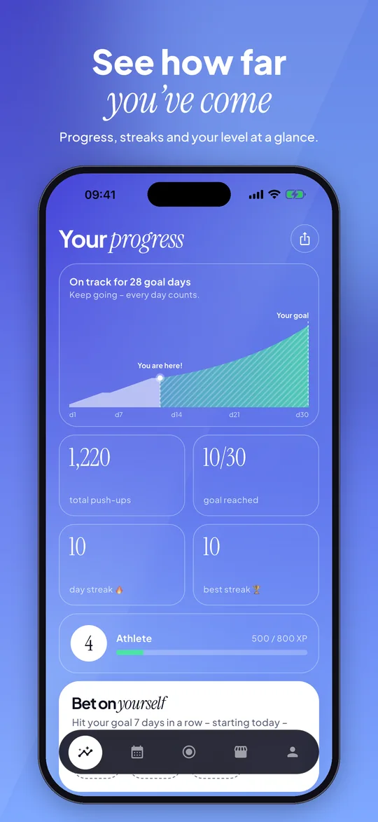 App Store preview: 30 Days progress screen: progress chart, 1,220 push-ups, streaks and level 4