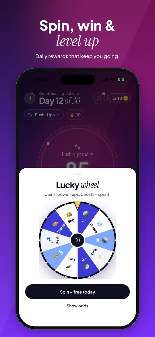 App Store preview: 30 Days lucky wheel: daily spin with coins and power-ups, with a link to the odds