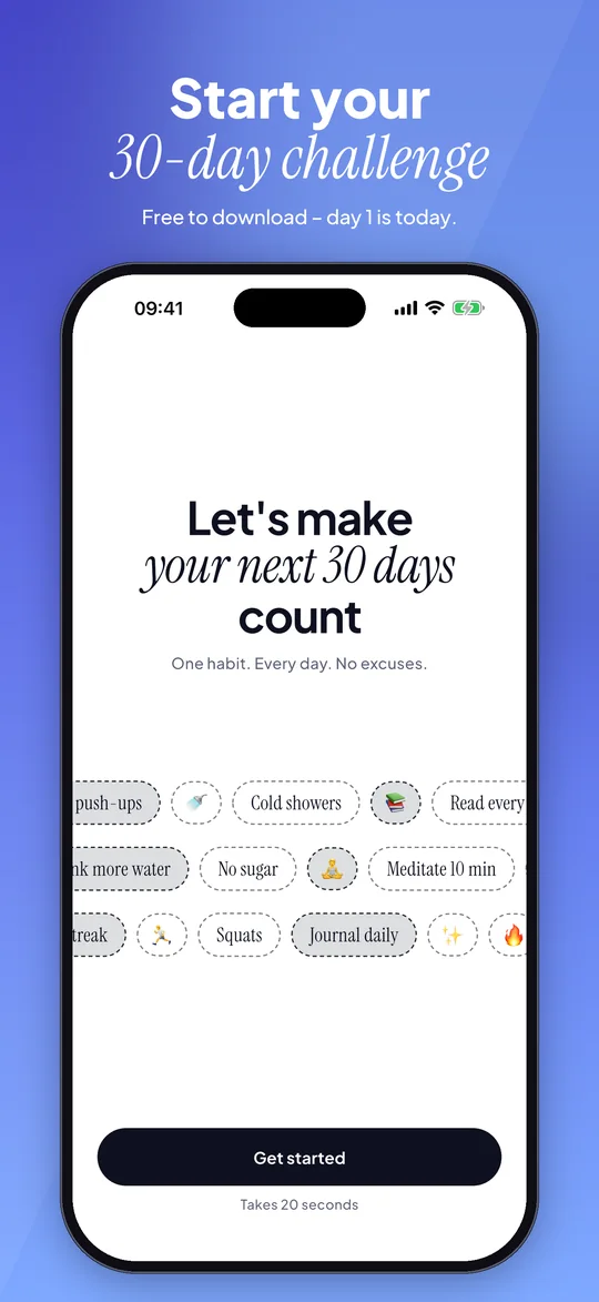 App Store preview: 30 Days welcome screen: Let's make your next 30 days count, with challenge ideas and Get started button