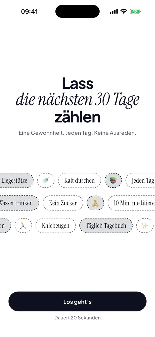 30 Days Startbildschirm: Lass deine nächsten 30 Tage zählen, mit Challenge-Ideen und Loslegen-Button