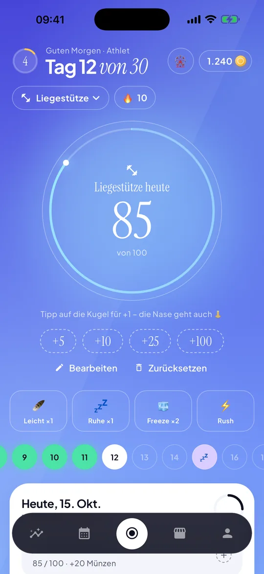 30 Days Startseite: Liegestütz-Zähler bei 85 von 100 an Tag 12 von 30