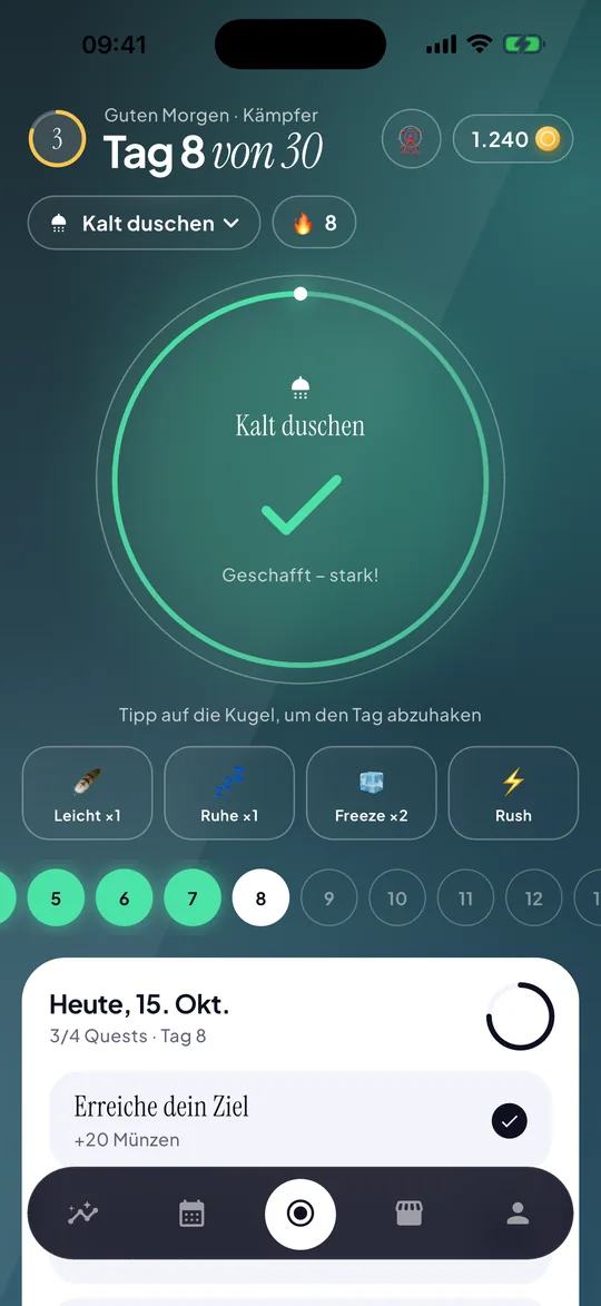 30 Days Kalt-duschen-Challenge: heutiges Ziel an Tag 8 von 30 abgehakt