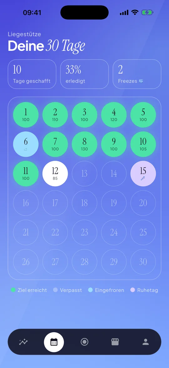 30 Days Kalender: abgeschlossene Tage, eingefrorene Serie und geplante Ruhetage einer 30-Tage-Challenge