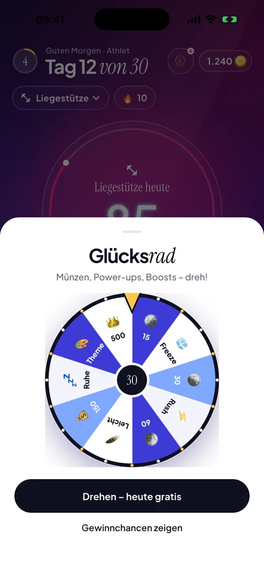 30 Days Glücksrad: tägliches Drehen mit Coins und Power-ups und Link zu den Gewinnchancen