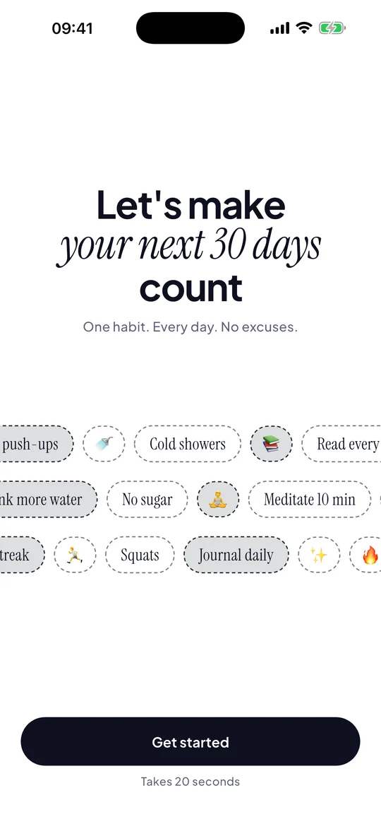 30 Days welcome screen: Let's make your next 30 days count, with challenge ideas and Get started button