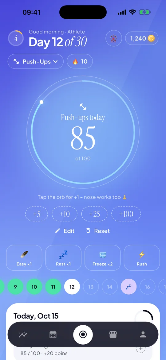 30 Days home screen: push-up counter at 85 of 100 on day 12 of 30