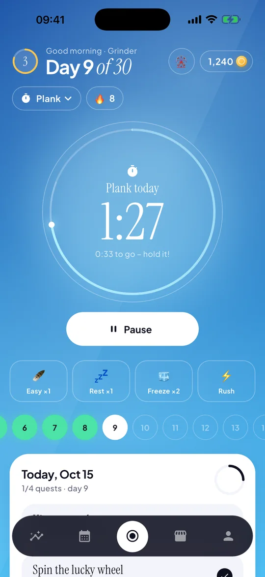 30 Days plank challenge: countdown timer at 1 minute 27 seconds on day 9 of 30