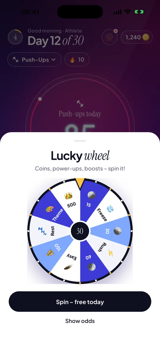 30 Days lucky wheel: daily spin with coins and power-ups, with a link to the odds