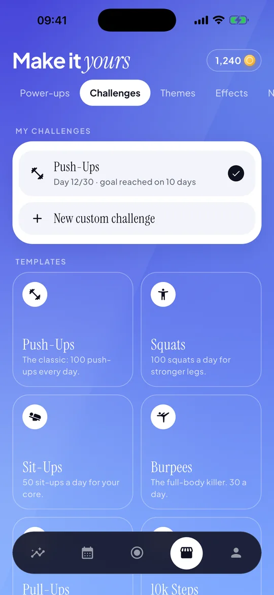 30 Days template library: push-ups, squats, sit-ups and burpees, plus a custom challenge option